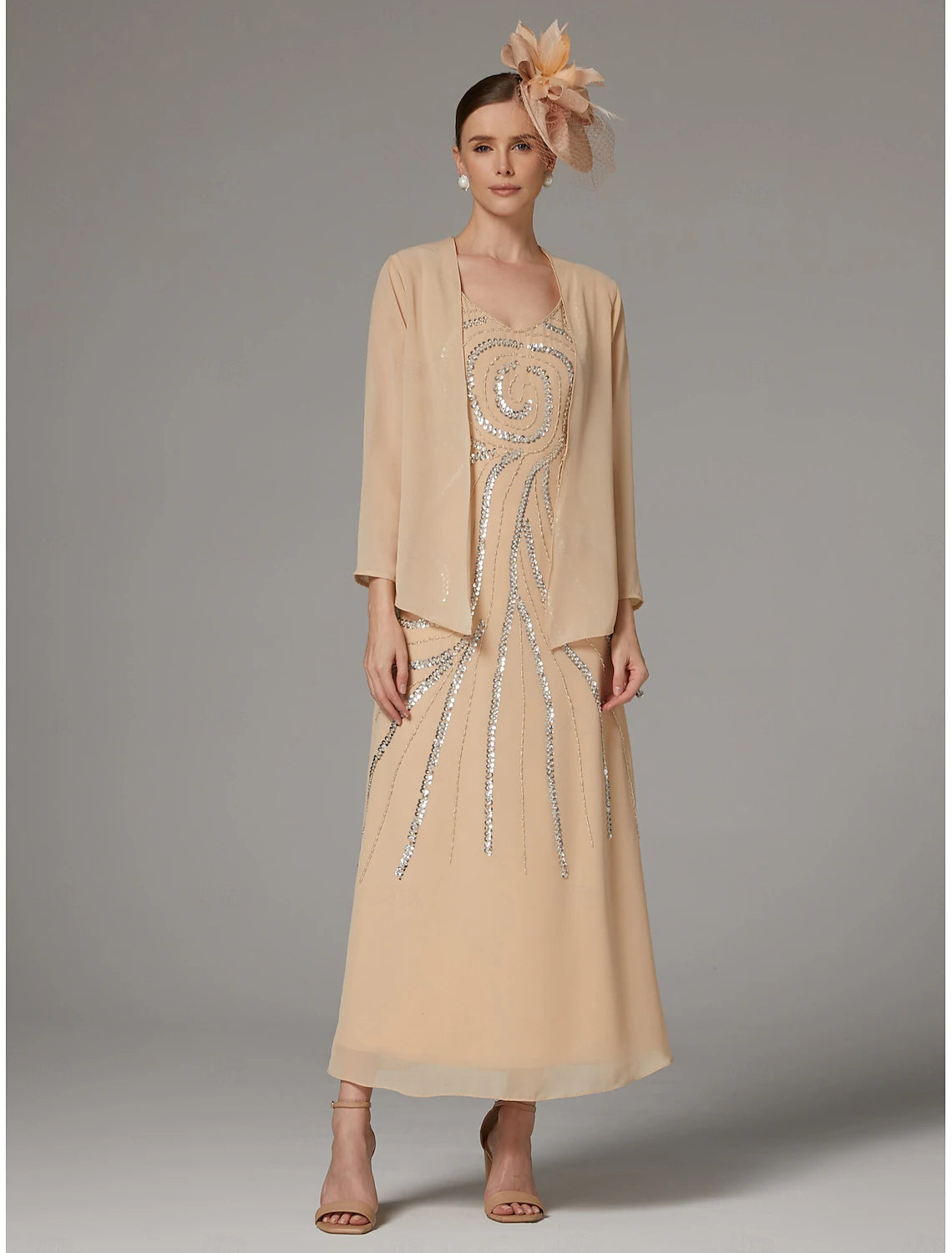 Buyishang Two Piece Sheath Pantsuit Mother of the Bride Dress Elegant Sparkle & Shine V Neck Ankle Length Chiffon Sequined Long Sleeve with Sequin